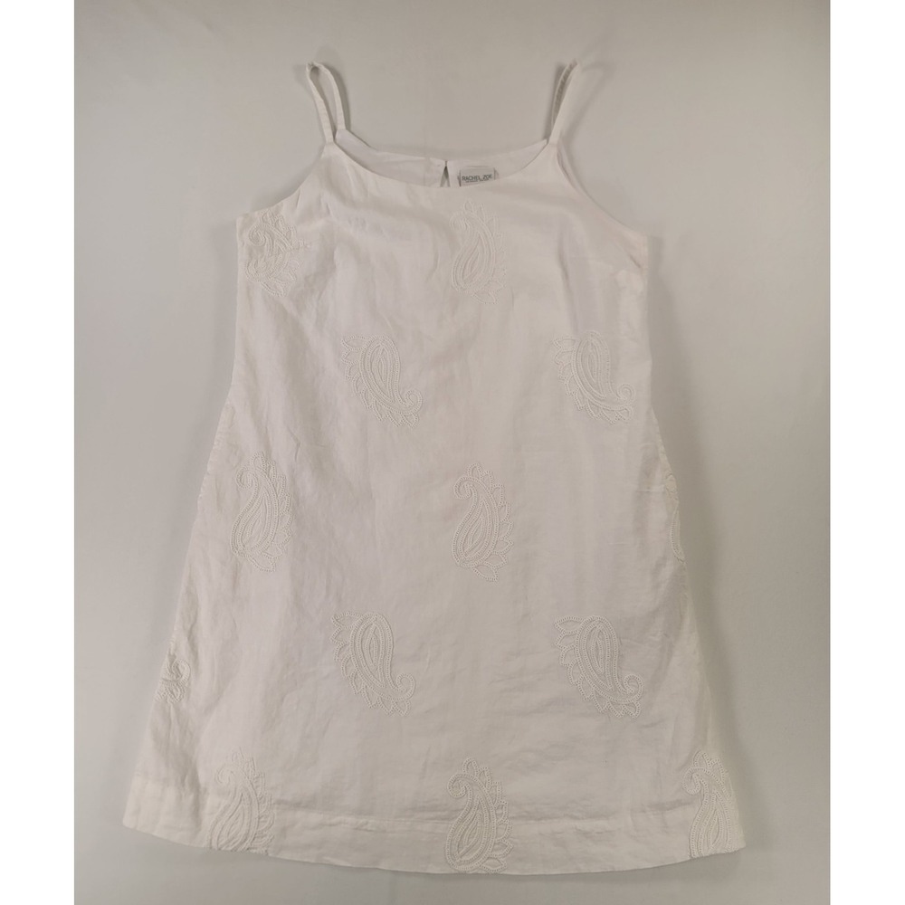 Rachel Zoe White Linen Blend Paisley Embroidered Shift Dress Women's M‎ Pockets